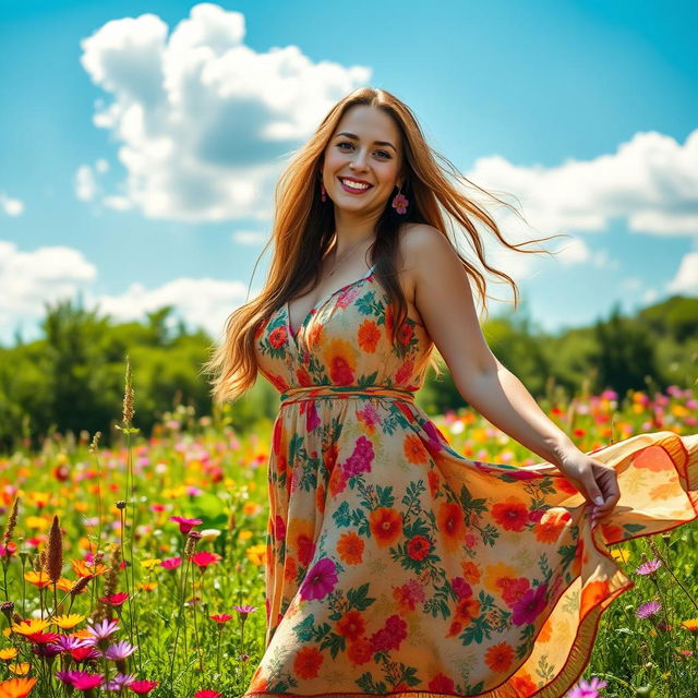 A portrait of a bountiful woman standing in a lush field, with vibrant wildflowers surrounding her