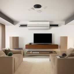 A well-furnished, modern living room. Featuring a sleek television with a sound bar music system, two fans within stylish air conditioning, and comfortable sofas.