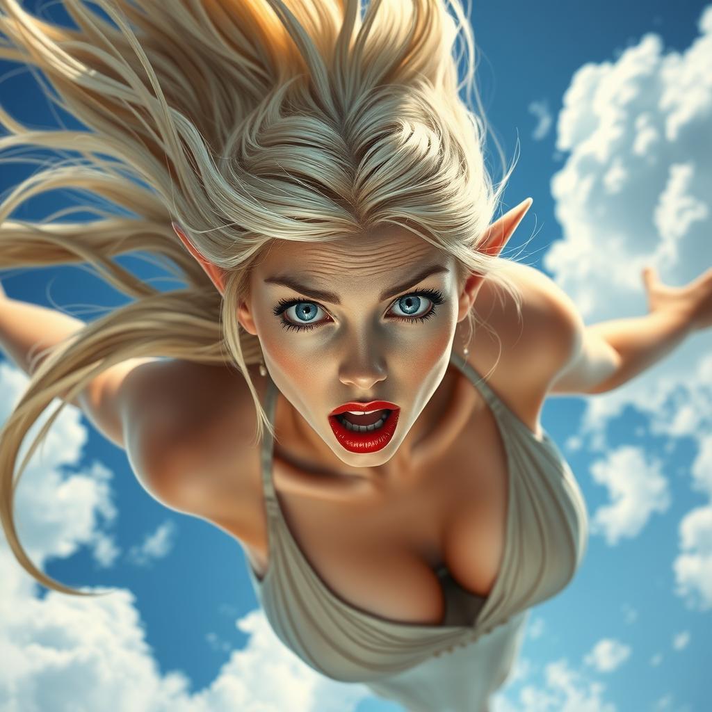 A sexy blonde elf woman with striking blue eyes and luscious red lips, depicting a look of surprise and fear as she falls from the sky