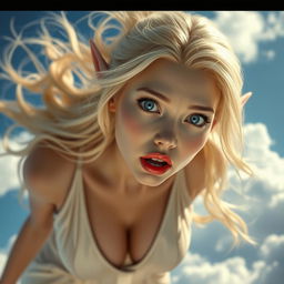 A sexy blonde elf woman with striking blue eyes and luscious red lips, depicting a look of surprise and fear as she falls from the sky