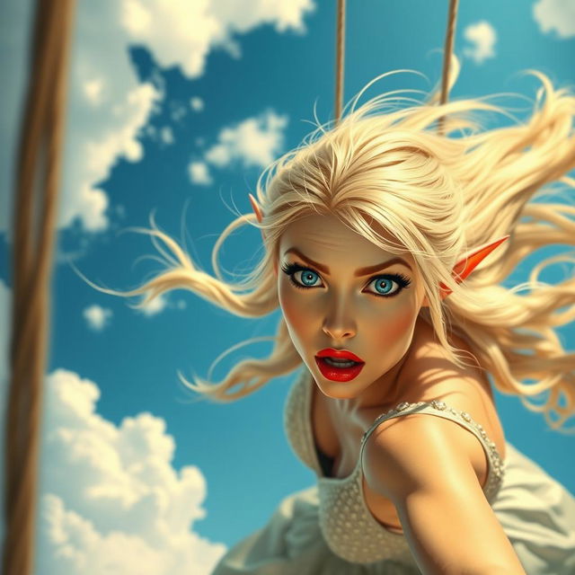 A sexy blonde elf woman with striking blue eyes and luscious red lips, depicting a look of surprise and fear as she falls from the sky