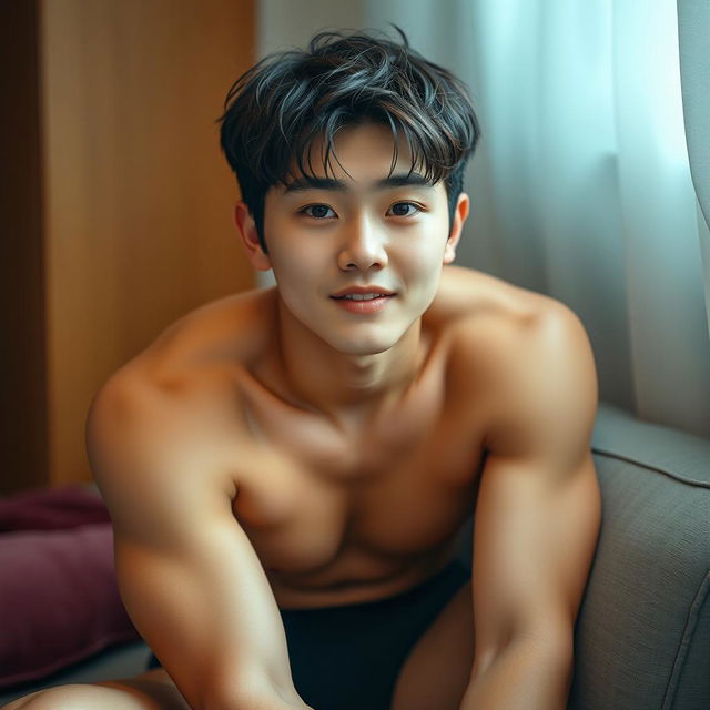 A sexy and cute Korean guy, younger, with a hint of muscular build and slightly rounded chubbiness