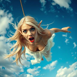 A sexy blonde elf woman with striking blue eyes and alluring red lips, captured in mid-air as she falls from the sky