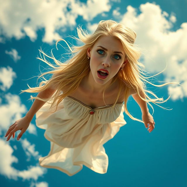 A sexy blonde elf woman with striking blue eyes and alluring red lips, captured in mid-air as she falls from the sky