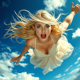 A sexy blonde elf woman with striking blue eyes and alluring red lips, captured in mid-air as she falls from the sky