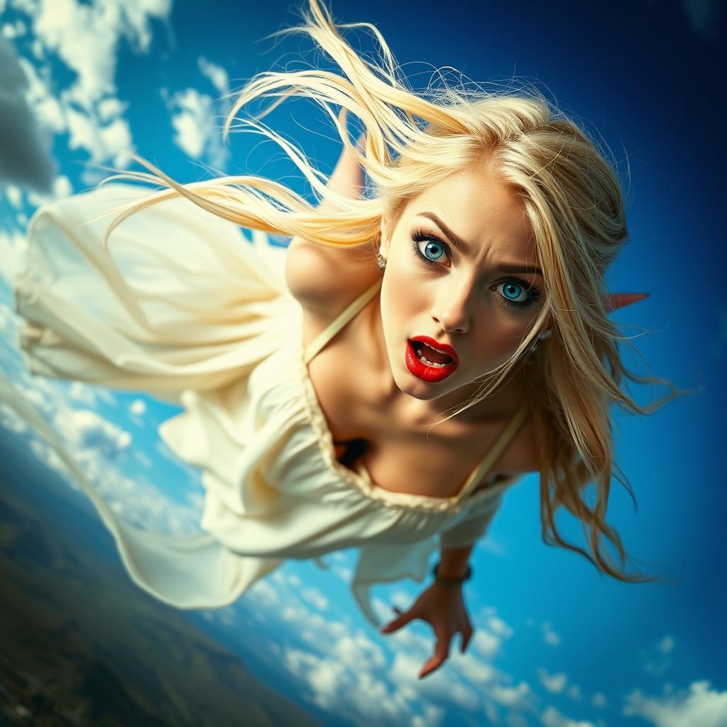 A sexy blonde elf woman with striking blue eyes and alluring red lips, captured in mid-air as she falls from the sky