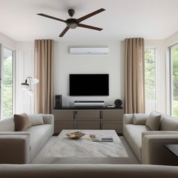 A well-furnished, modern living room. Featuring a sleek television with a sound bar music system, two fans within stylish air conditioning, and comfortable sofas.