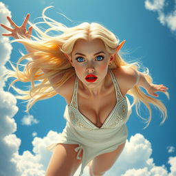 A sexy blonde elf woman with luminous blue eyes and striking red lips, falling gracefully from the sky