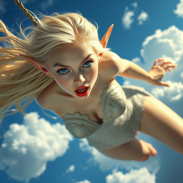 A sexy blonde elf woman with luminous blue eyes and striking red lips, falling gracefully from the sky