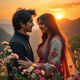A romantic and poetic scene depicting the beginning of love between Farhad and Shirin, in a lush mountainous setting
