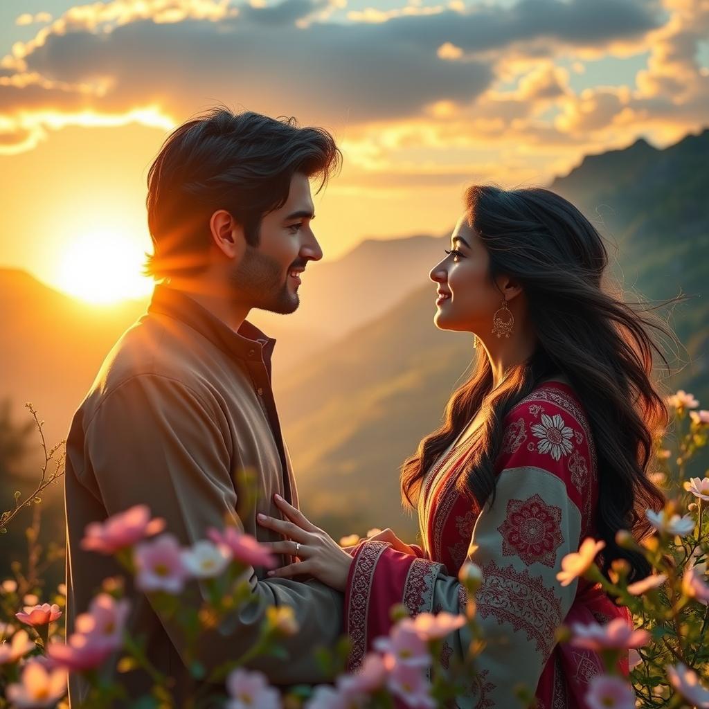 A romantic and poetic scene depicting the beginning of love between Farhad and Shirin, in a lush mountainous setting