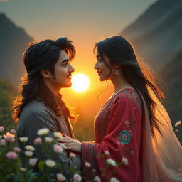 A romantic and poetic scene depicting the beginning of love between Farhad and Shirin, in a lush mountainous setting