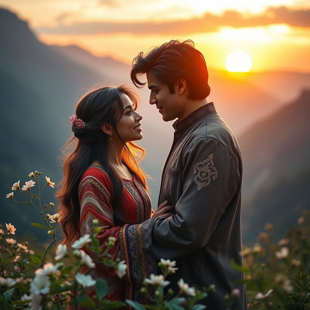 A romantic and poetic scene depicting the beginning of love between Farhad and Shirin, in a lush mountainous setting