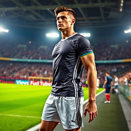 A full-body portrait of a tall male soccer player, emphasizing his height and athletic physique