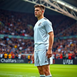 A full-body portrait of a tall male soccer player, emphasizing his height and athletic physique