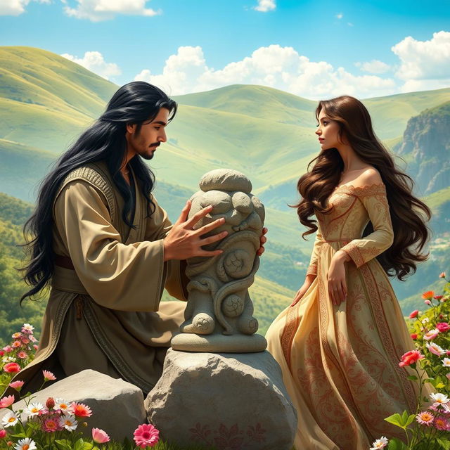 A romantic and mythical scene depicting Farhad and Shirin, the legendary Persian lovers, set against a stunning Persian landscape