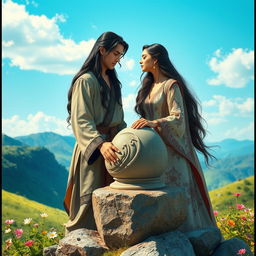 A romantic and mythical scene depicting Farhad and Shirin, the legendary Persian lovers, set against a stunning Persian landscape