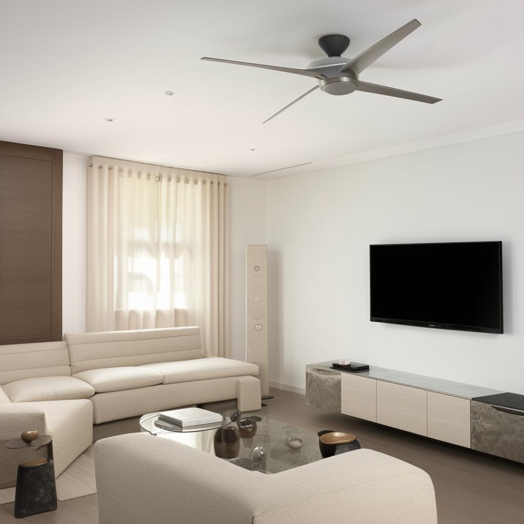 A well-furnished, modern living room. Featuring a sleek television with a sound bar music system, two fans within stylish air conditioning, and comfortable sofas.