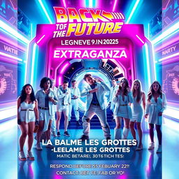 A vibrant movie poster inspired by 'Back to the Future', featuring a futuristic white-themed party