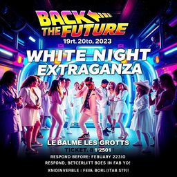 A vibrant movie poster inspired by 'Back to the Future', featuring a futuristic white-themed party