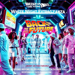 A vibrant movie poster inspired by 'Back to the Future', featuring a futuristic white-themed party