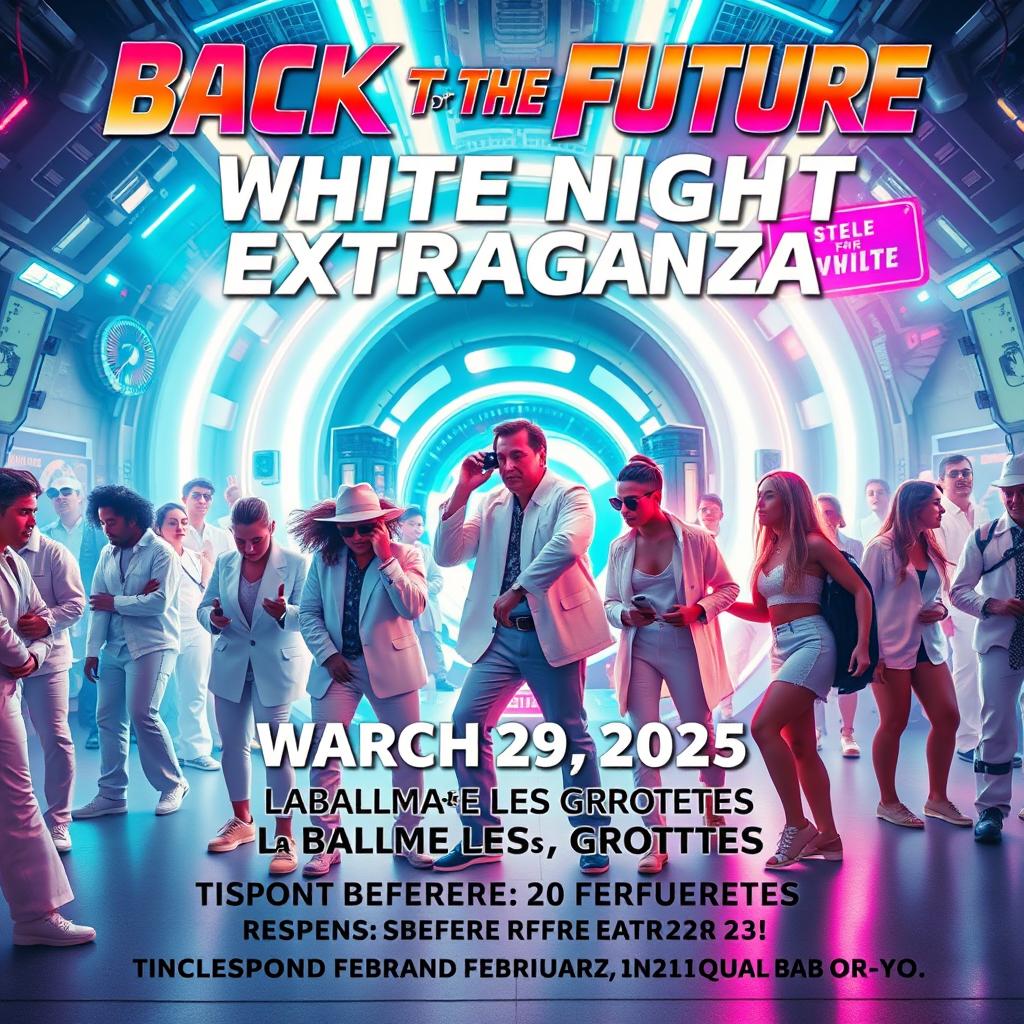A vibrant movie poster inspired by 'Back to the Future', featuring a futuristic white-themed party