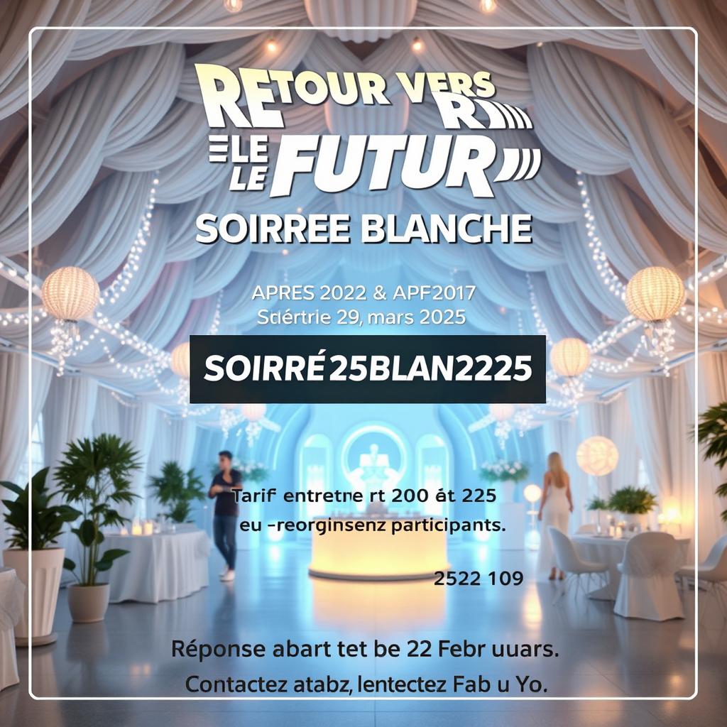 A vibrant movie poster in French reminiscent of 'Back to the Future,' featuring a futuristic theme centered around a white party