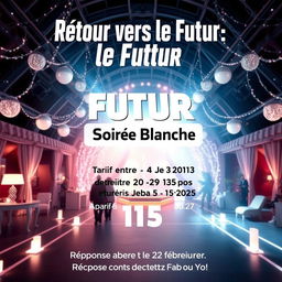 A vibrant movie poster in French reminiscent of 'Back to the Future,' featuring a futuristic theme centered around a white party