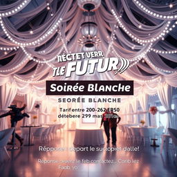 A vibrant movie poster in French reminiscent of 'Back to the Future,' featuring a futuristic theme centered around a white party