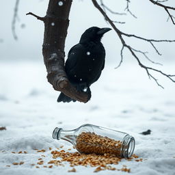 An evocative winter scene featuring a tree branch protruding halfway into the frame from the outside, where an old crow perches comfortably on it, its dark silhouette contrasting against the snowy environment