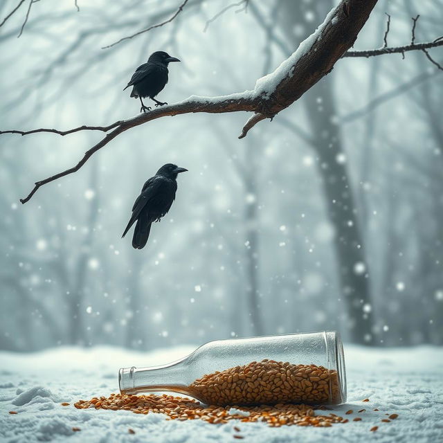 An evocative winter scene featuring a tree branch protruding halfway into the frame from the outside, where an old crow perches comfortably on it, its dark silhouette contrasting against the snowy environment