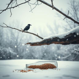 An evocative winter scene featuring a tree branch protruding halfway into the frame from the outside, where an old crow perches comfortably on it, its dark silhouette contrasting against the snowy environment