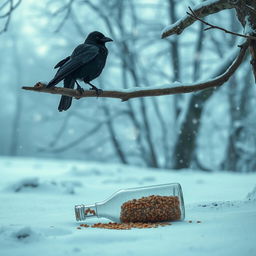 An evocative winter scene featuring a tree branch protruding halfway into the frame from the outside, where an old crow perches comfortably on it, its dark silhouette contrasting against the snowy environment