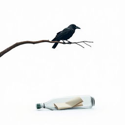 A minimalist winter scene featuring a tree branch extending halfway into the frame with an old crow perched on it