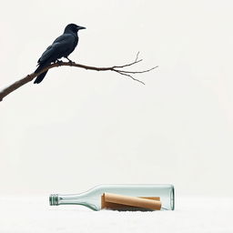 A minimalist winter scene featuring a tree branch extending halfway into the frame with an old crow perched on it