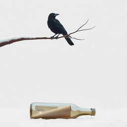 A minimalist winter scene featuring a tree branch extending halfway into the frame with an old crow perched on it