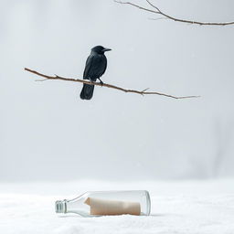A minimalist winter scene featuring a tree branch extending halfway into the frame with an old crow perched on it
