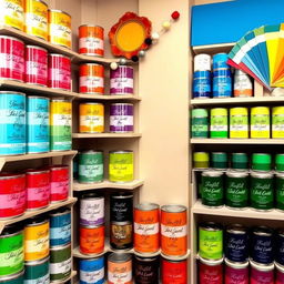 A vibrant and colorful store background showcasing an array of paint cans in various shades