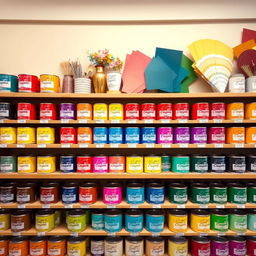 A vibrant and colorful store background showcasing an array of paint cans in various shades