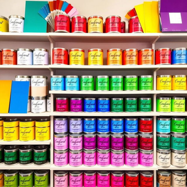 A vibrant and colorful store background showcasing an array of paint cans in various shades