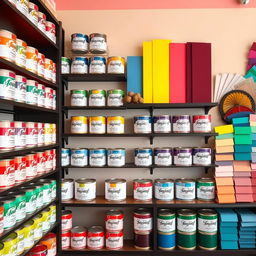 A vibrant and colorful store background showcasing an array of paint cans in various shades