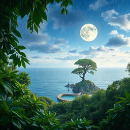 A serene forest scene that embodies the essence of sandalwood, evoking a calming atmosphere