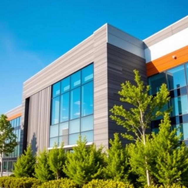 An impressive exterior of a modern high-performance building made of HPL (High-Pressure Laminate) panels, showcasing sleek lines and a contemporary design