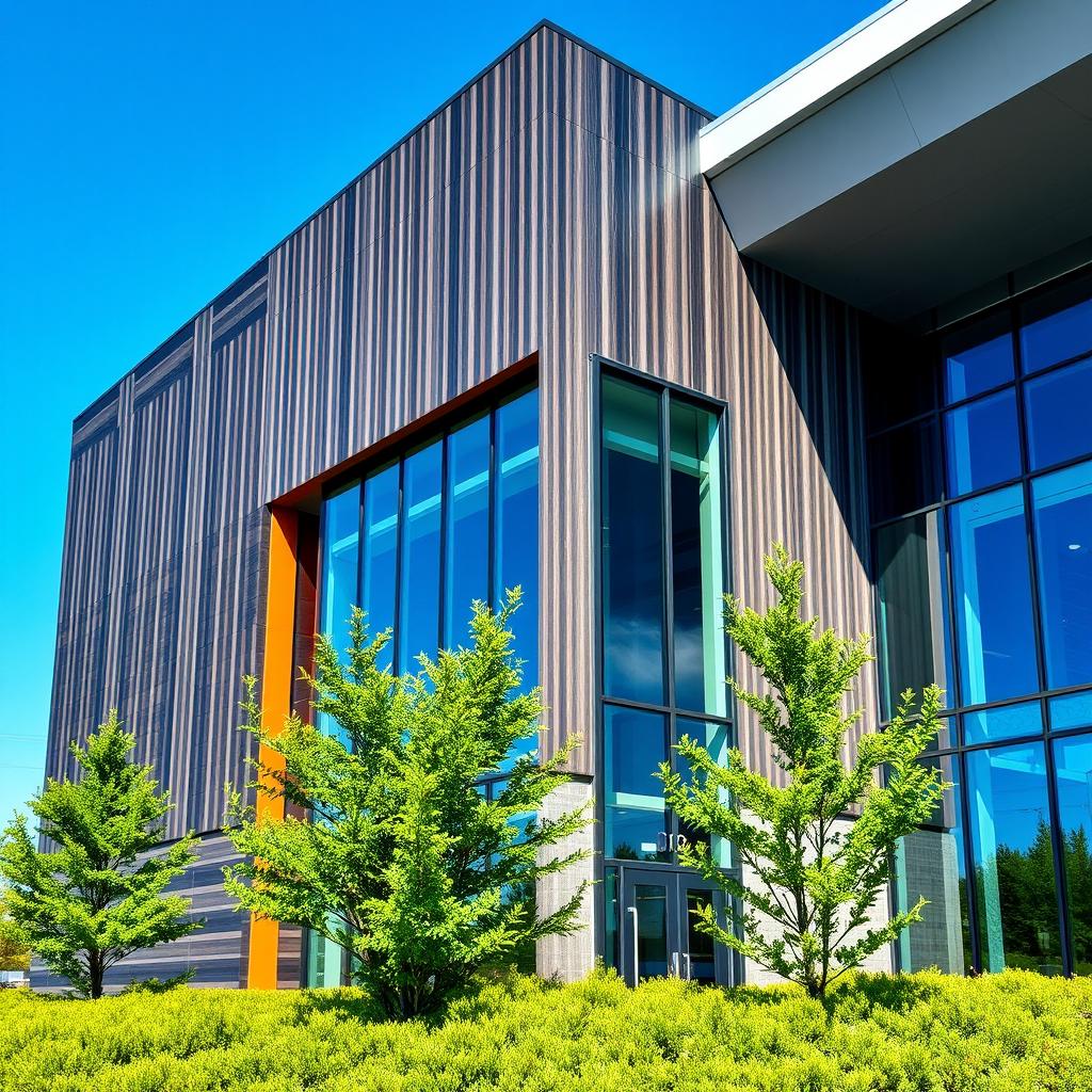 An impressive exterior of a modern high-performance building made of HPL (High-Pressure Laminate) panels, showcasing sleek lines and a contemporary design