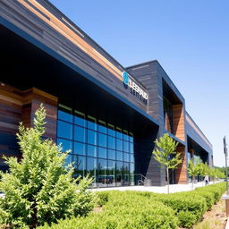 An impressive exterior of a modern high-performance building made of HPL (High-Pressure Laminate) panels, showcasing sleek lines and a contemporary design