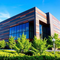 An impressive exterior of a modern high-performance building made of HPL (High-Pressure Laminate) panels, showcasing sleek lines and a contemporary design