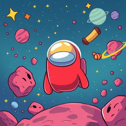 A whimsical and colorful cartoon-style portrayal of an 'Among Us' crewmate in a vibrant outer space setting