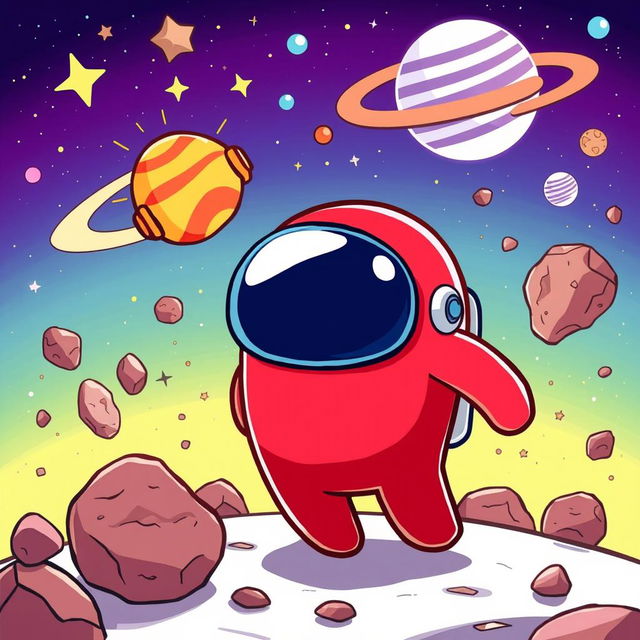 A whimsical and colorful cartoon-style portrayal of an 'Among Us' crewmate in a vibrant outer space setting