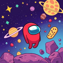 A whimsical and colorful cartoon-style portrayal of an 'Among Us' crewmate in a vibrant outer space setting
