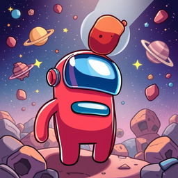 A whimsical and colorful cartoon-style portrayal of an 'Among Us' crewmate in a vibrant outer space setting